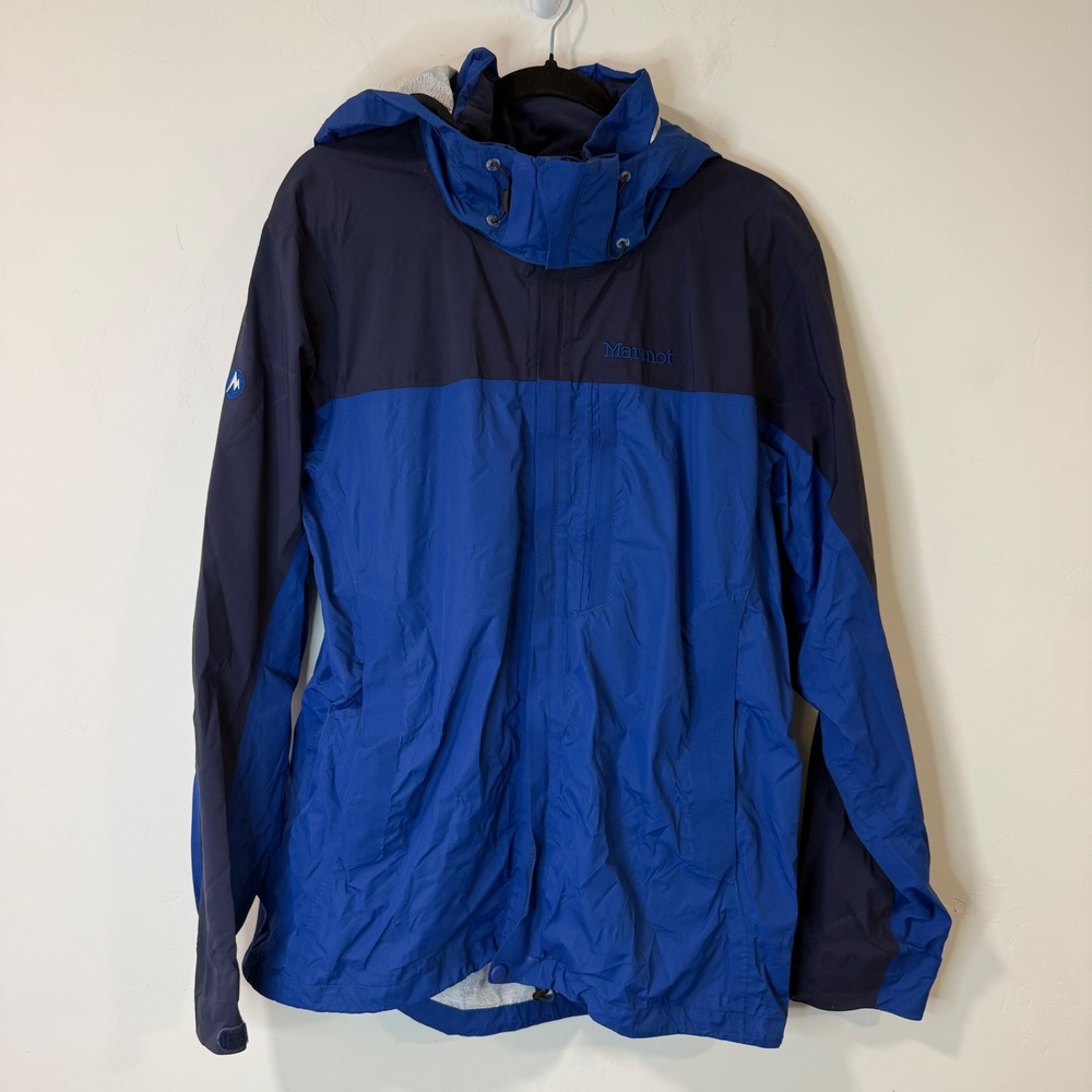Marmot Mens MemBrain Rain Jacket Large Blue Good Waterproof Hooded Colorblock
